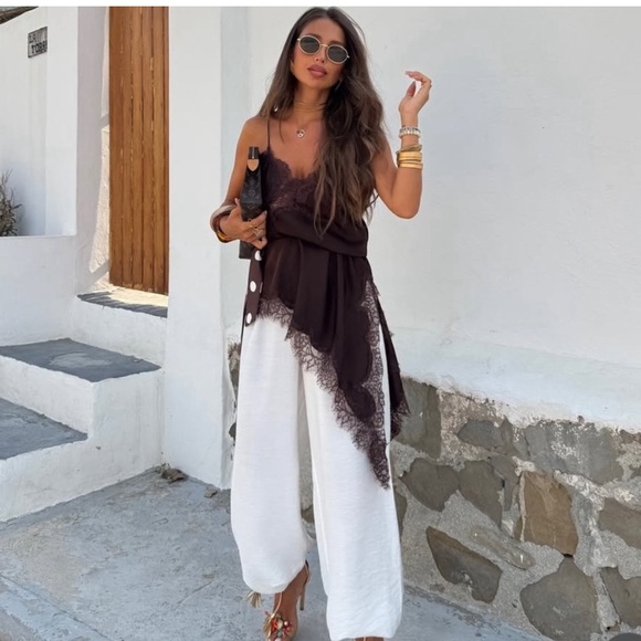 ZARA ASYMMETRIC LACE DRESS ZW COLLECTION BROWN XS